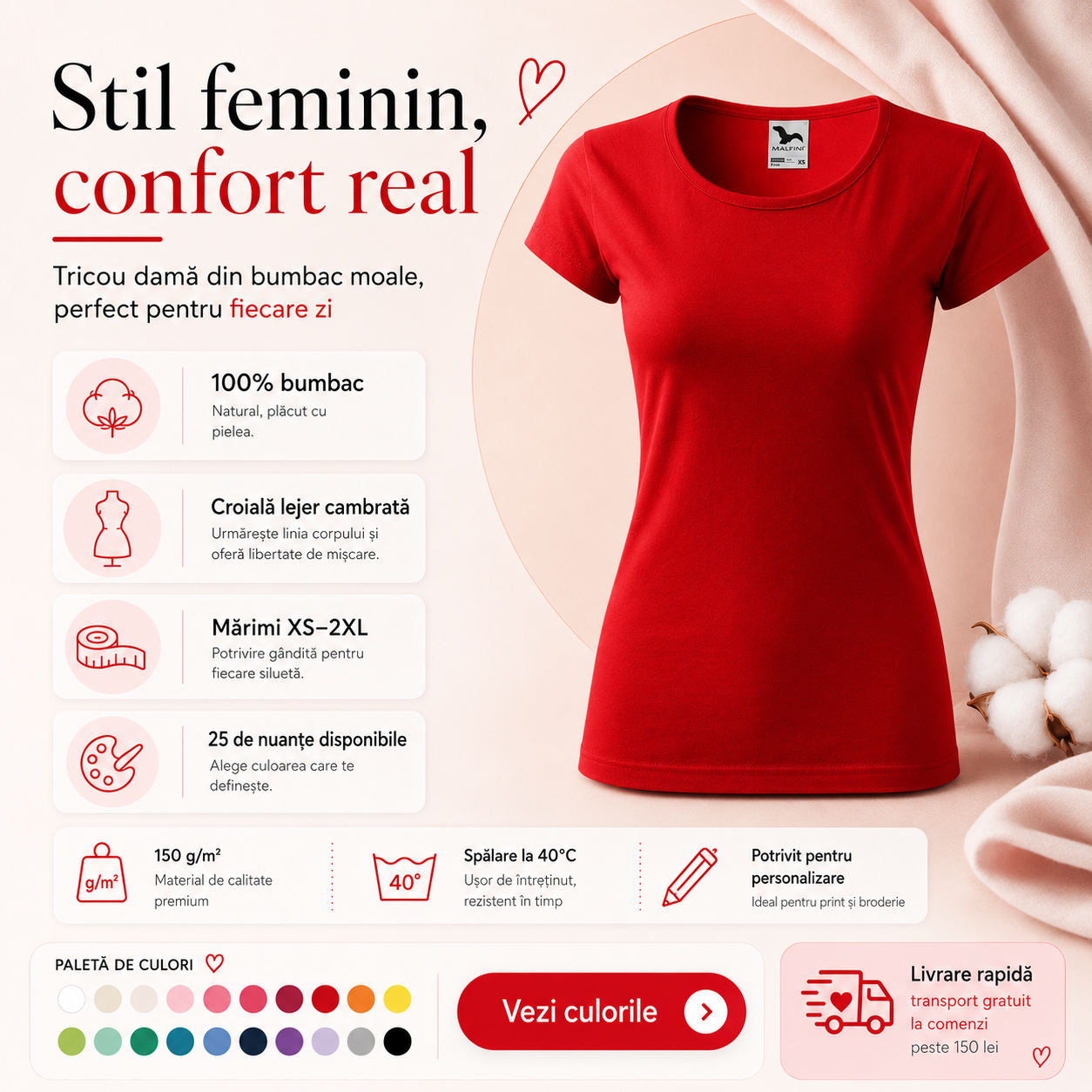 Tricou damă din bumbac 100% cambrat cu decolteu rotund disponibil &icirc;n 25 de culori